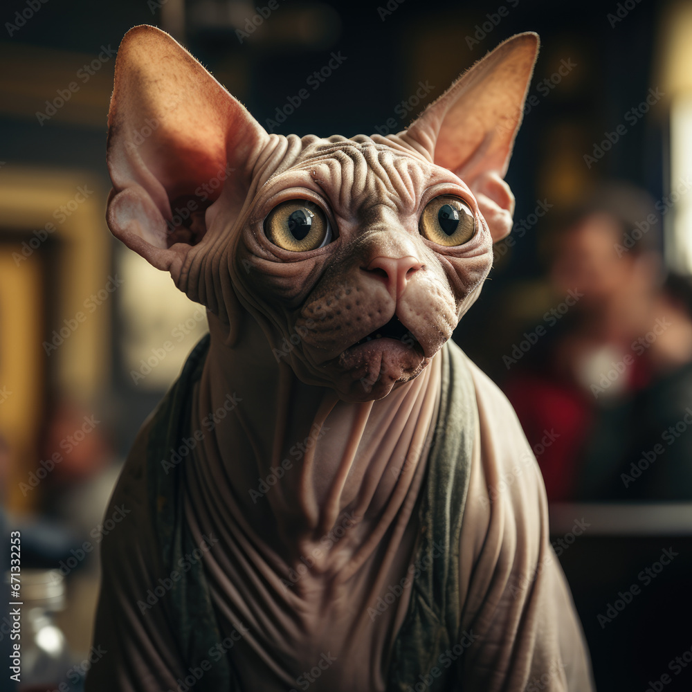 So cute, A very fat Sphynx-cat, standing with a cute and funny expression, at home, real shot