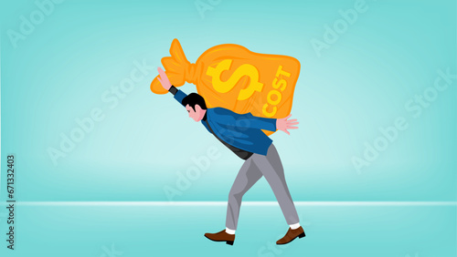 Illustration of an entrepreneur who is burdened by excessive business costs flat design vector illustration, financial problems in business, the company operational costs are increasing