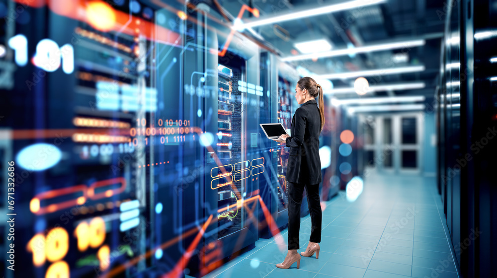 Woman with laptop in data center cloud storage with computers in corridor. Ai generative Woman with laptop in data center cloud storage with computers in corridor. Ai generative