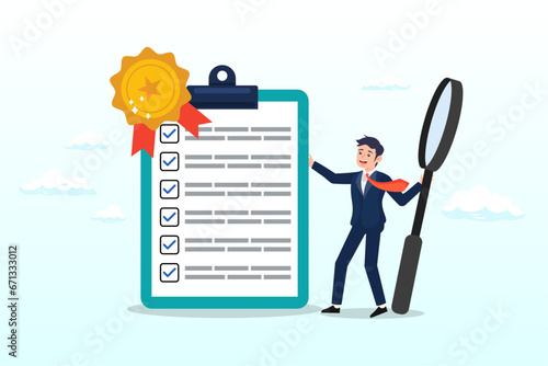 Businessman hold magnifying glass with standard QC badge document, standard, quality control or certified approval, corporate policy or compliance, guarantee checklist document, assurance (Vector)