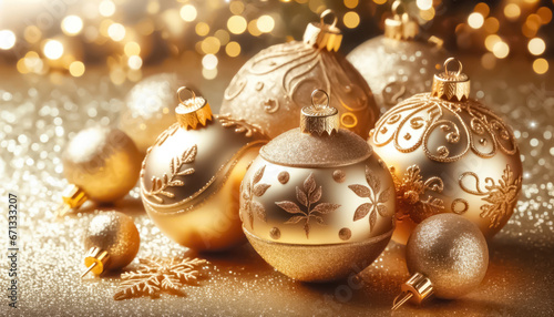 Gold Christmas concept. Beautiful Christmas balls on bokeh background, close-up. Generative ai.