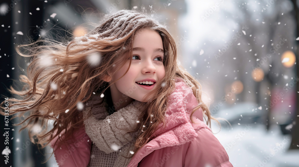 Pretty little youngster wearing pink and gray clothing, looking out of the window as the snow falls.