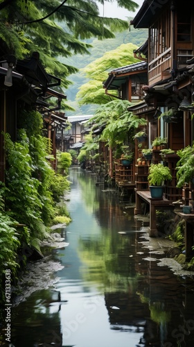 Wallpaper of Traditional Wooden Kyomachiya Houses Along a Canal  Generative AI