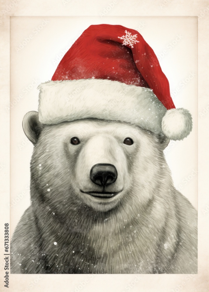 A white polar bear in a red Santa Claus hat. New year or Christmas concept. Generative AI A white polar bear in a red Santa Claus hat. New year or Christmas concept. Generative AI
