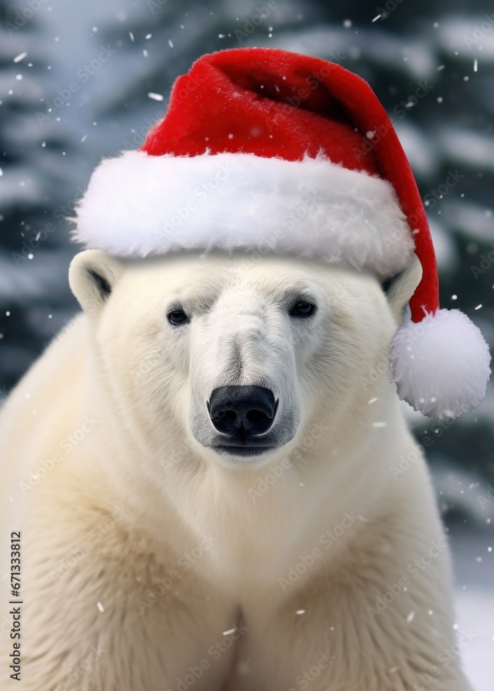 A white polar bear in a red Santa Claus hat. New year or Christmas concept. Generative AI A white polar bear in a red Santa Claus hat. New year or Christmas concept. Generative AI
