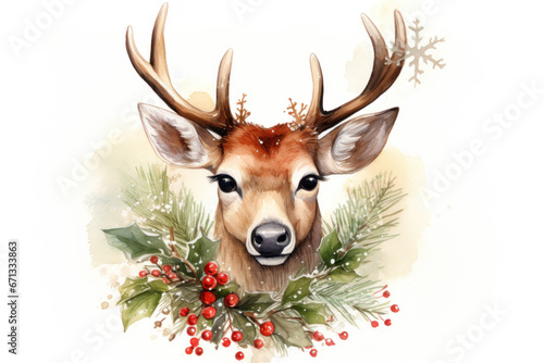 Watercolor deer on a transparent background, Christmas illustration. Generative AI