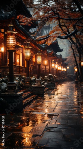 Wallpaper of Torches Illuminating a Shinto Shrine's Stone Path at Night, Generative AI