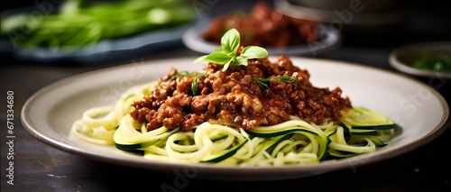 spaghetti with pesto sauce, pasta Bolognese with mincemeat and zucchini noodles, food background