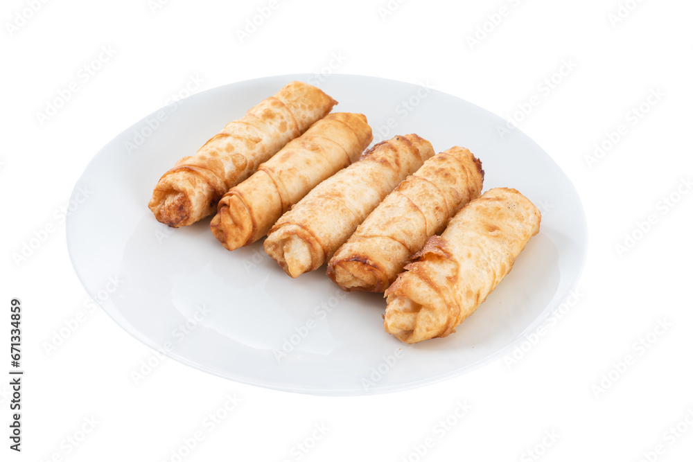 Fried spring rolls on a white plate.