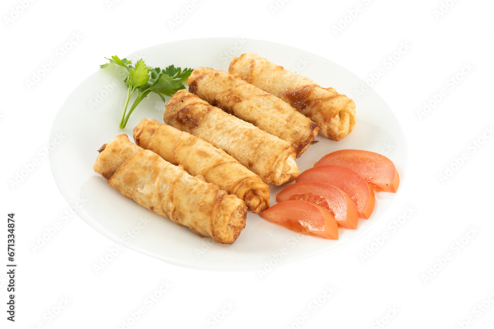 Fried spring rolls on a white plate.