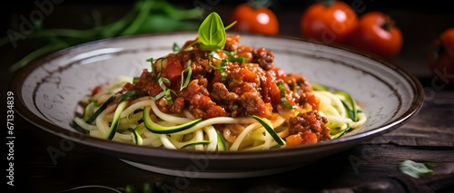 Keto pasta Bolognese with mincemeat and zucchini noodles, food background