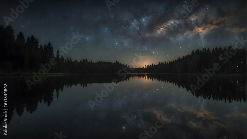 Sunrise over a serene lake reflecting the beautiful still dark sky with twinkling stars 