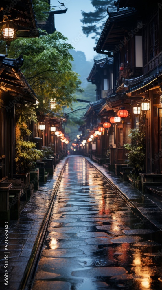 Wallpaper of Lantern-lit Streets in an Ancient Japanese Village, Generative AI