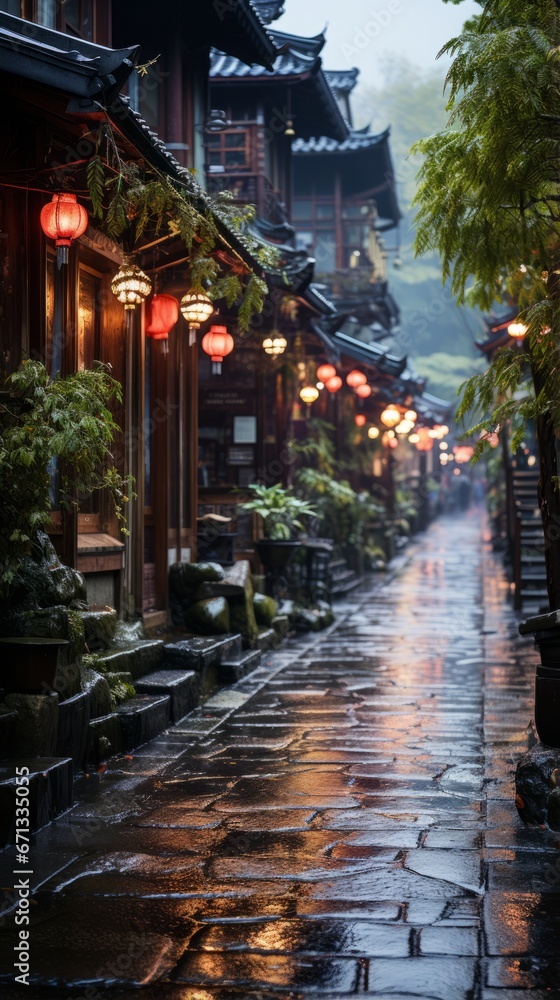 Wallpaper of Lantern-lit Streets in an Ancient Japanese Village, Generative AI