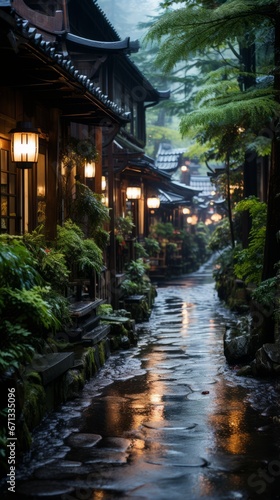 Wallpaper of Lantern-lit Streets in an Ancient Japanese Village, Generative AI © Giantdesign