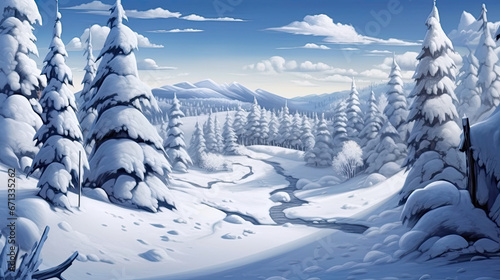 Snowman's charm elevating a winter wonderland panorama. © chien