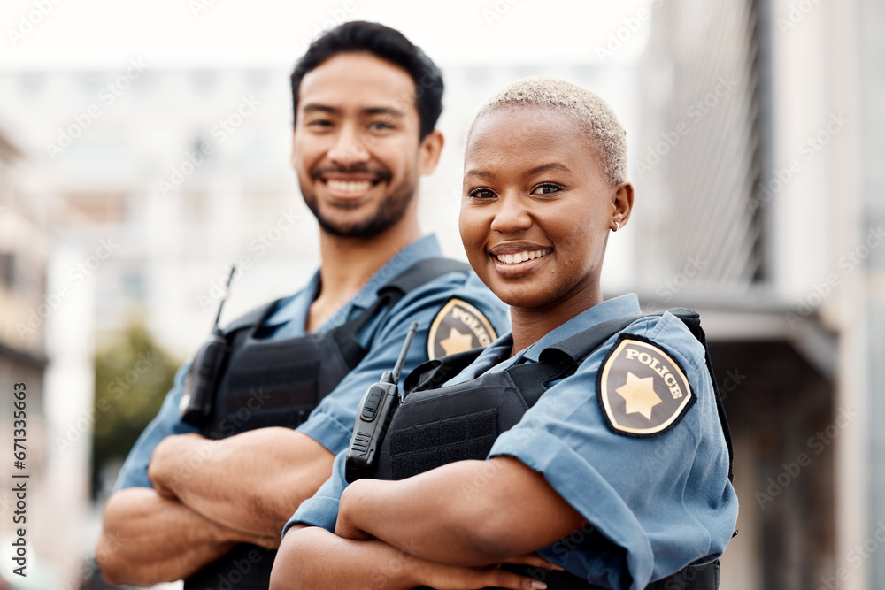 Happy police, team and arms crossed in confidence for city protection, law enforcement or crime. Portrait of man and woman officer standing ready for justice, security or teamwork in an urban town - obrazy, fototapety, plakaty 