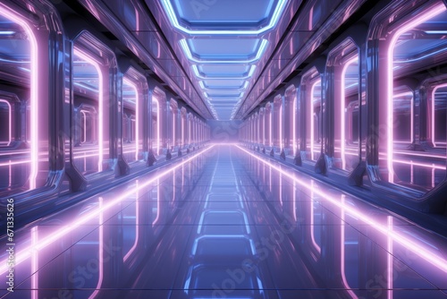  Futuristic white corridor with holographic projections, offering a glimpse into a high-tech world, Generative AI.