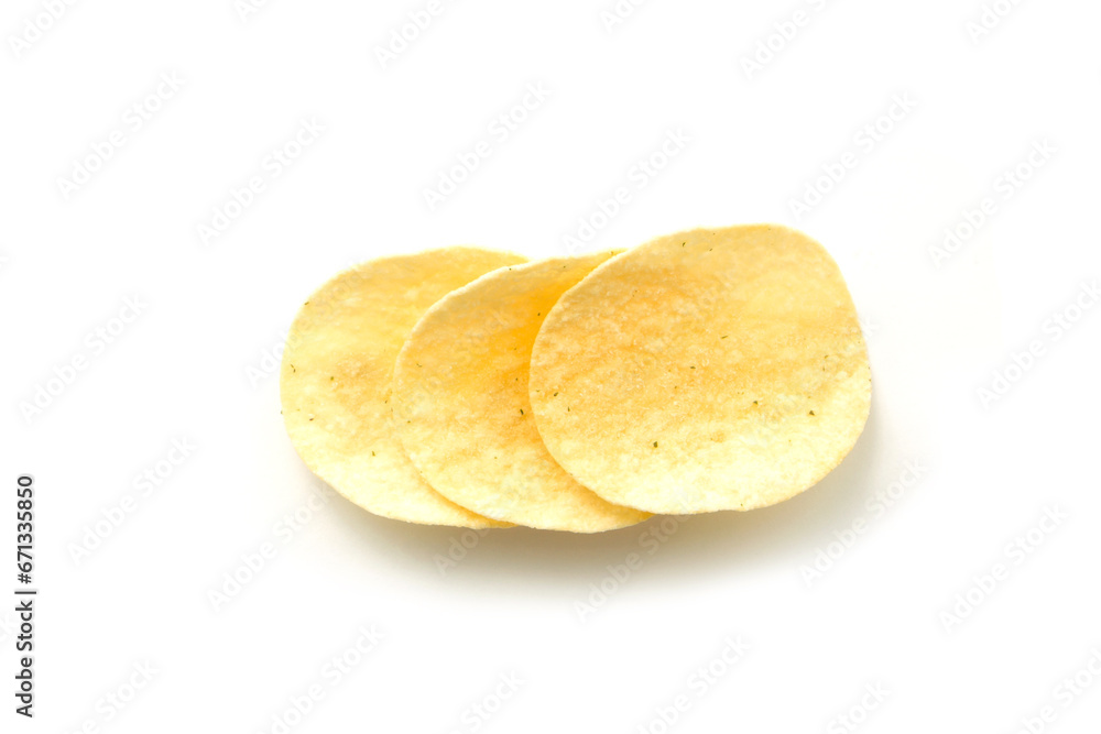 Potato chips isolated on white background , top view , flat lay. Potato chips isolated on white background , top view , flat lay.