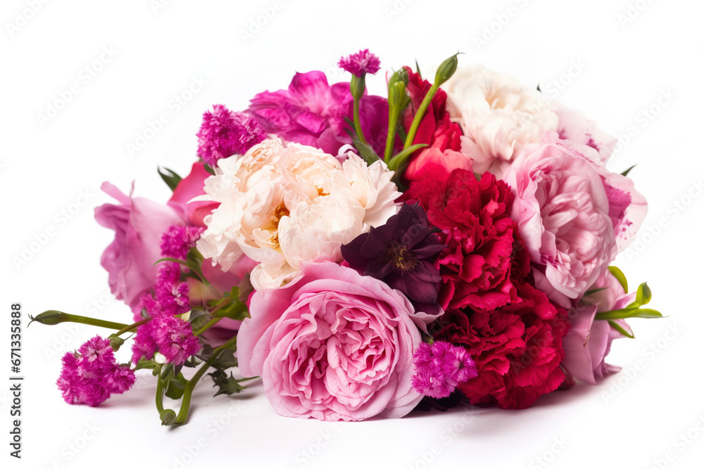 A mixed flower bouquet of roses, peonies, and carnations is isolated against a white background. (Generative AI)
