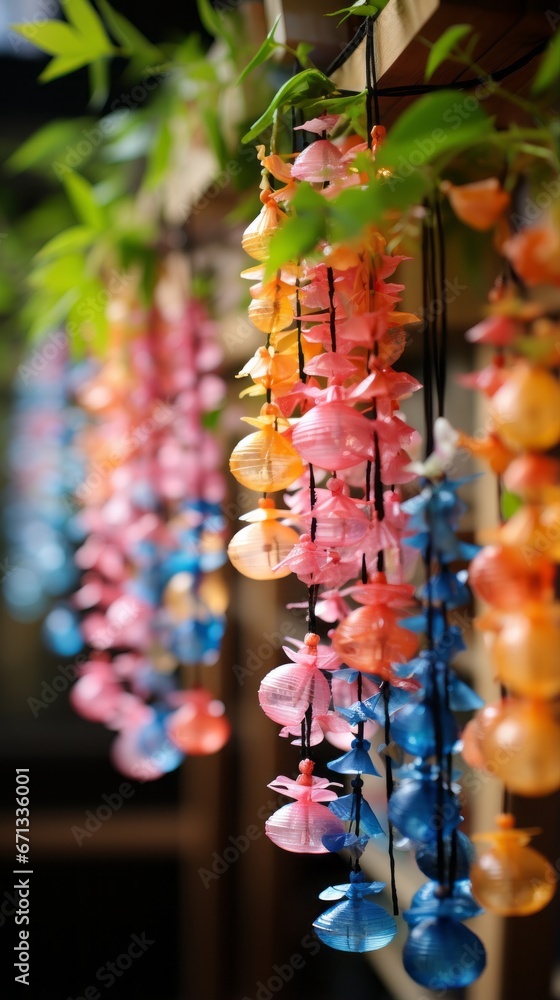 Wallpaper of Colorful Tanabata Decorations Hanging from Bamboo, Generative AI