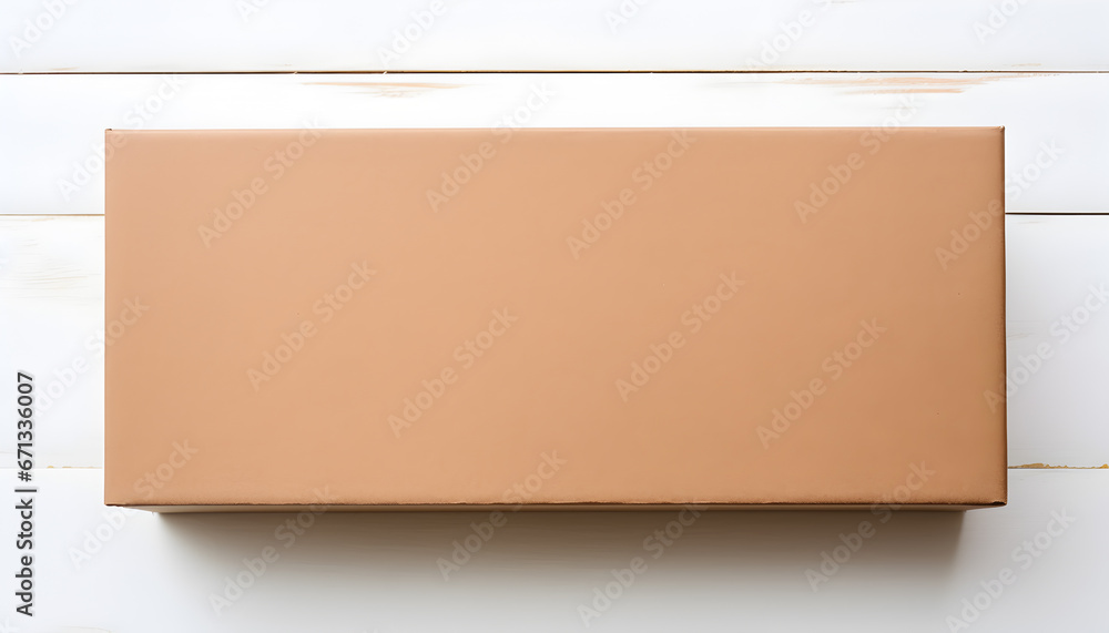 Blank enlongated cardboard parcel box on a white wooden surface. Top down view. Generative AI. Blank enlongated cardboard parcel box on a white wooden surface. Top down view. Generative AI.