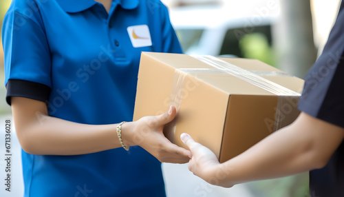 Courier woman hands delivering a cardboard box to a woman. Messenger and delivery concept. Generative AI.