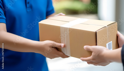 Courier hands delivering a cardboard box to a person. Messenger and delivery concept. Generative AI.