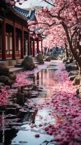 Wallpaper of Cherry Blossoms in Full Bloom Against a Serene Temple Garden, Generative AI