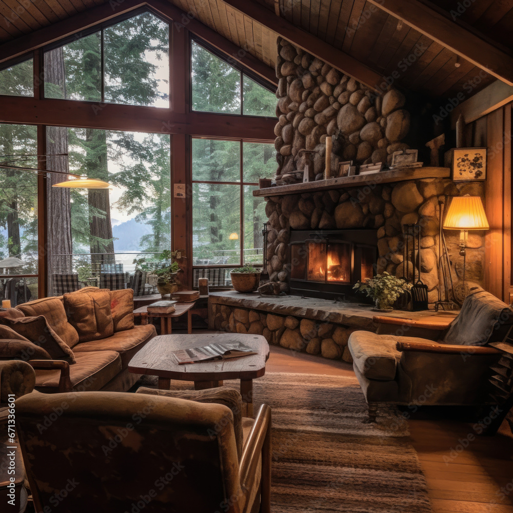  Rustic cabin living room with a stone fireplace
