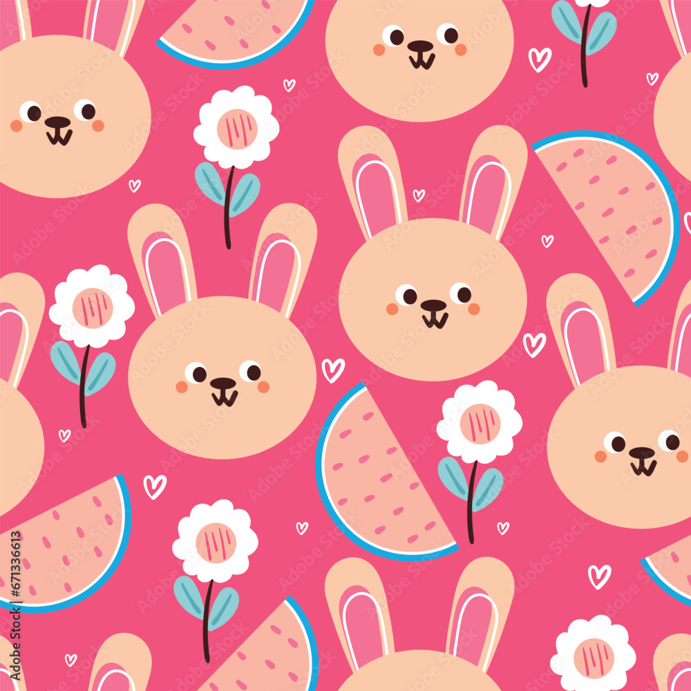 seamless pattern cartoon bunny with watermelon and flower. cute animal pattern in pink background for summer wallpaper, gift wrap paper seamless pattern cartoon bunny with watermelon and flower. cute animal pattern in pink background for summer wallpaper, gift wrap paper