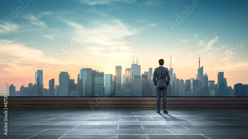 Thinking businessman on the office roof looking at the city skyscrapers. Ai generative © ImageFlow