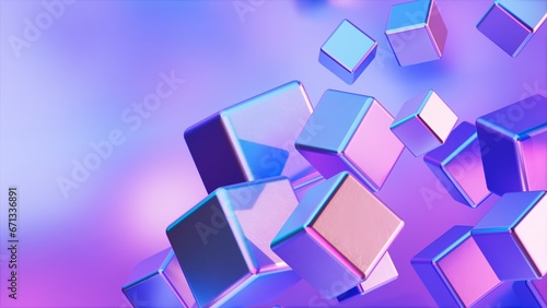3Dレンダリングのメタルキューブが浮かぶ立体的な背景イラストレーション, ピンクや紫のネオンカラーのイメージ photo