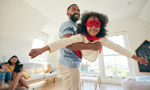 Fotografija Superhero flight, father and happy kid playing pretend game, imagine flying and enjoy quality time together, fun or bond