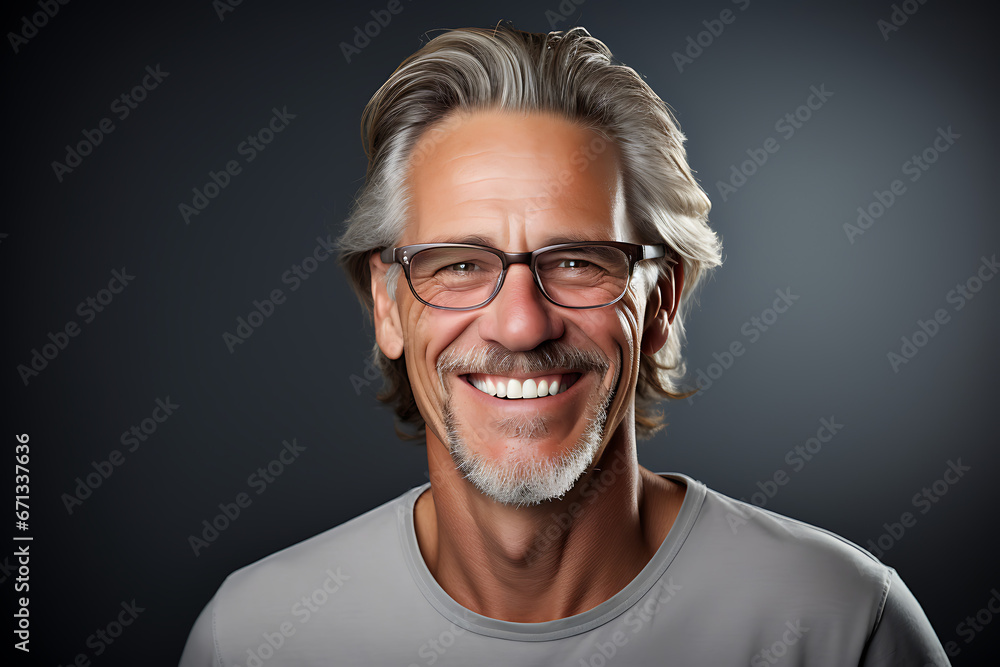 portrait of a handsome attractive smiling gray-haired man wearing glasses, an elderly man with a white smile portrait of a handsome attractive smiling gray-haired man wearing glasses, an elderly man with a white smile
