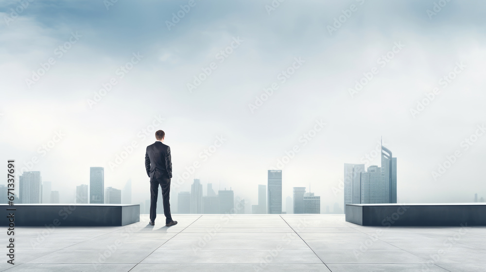 Rear view of businessman standing on the rooftop, panoramic view on buildings. Ai generative Rear view of businessman standing on the rooftop, panoramic view on buildings. Ai generative