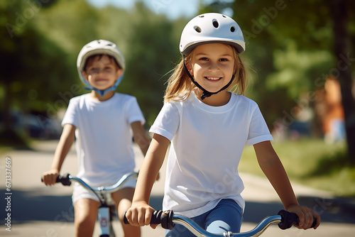 portrait of happy children riding bicycles in the park on a summer sunny day, active lifestyle and sport © Marina Shvedak
