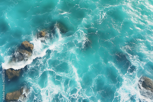beautiful scenic sea view from above of the turquoise sea and waves and rocks, splashes of waves are found on the rocks
