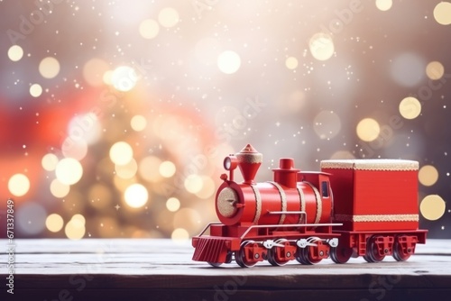 Red toy train and mini gift box  studio shot  bokeh  winter Christmas banner. Generative AI.