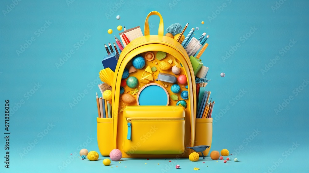 D render of colorful back to school concept with yellow backpack and books on blue background - obrazy, fototapety, plakaty 