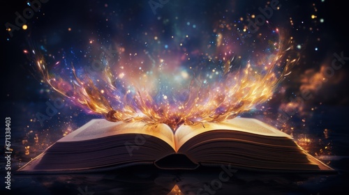 An open book with sparkles coming out of it ideal for fantasy. Generative AI. © Dusit