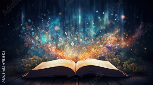 An open book with sparkles coming out of it ideal for fantasy. Generative AI. photo