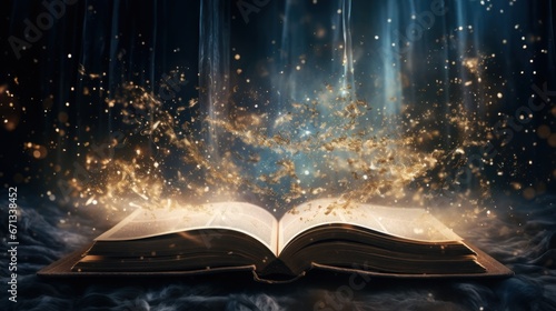 An open book with sparkles coming out of it ideal for fantasy. Generative AI.