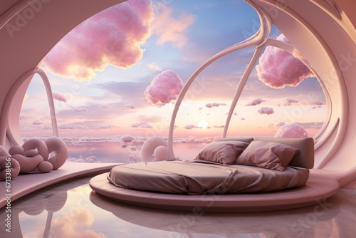 Fantasy world, futuristic fantasy bed with of the sky and pink clouds. Generative AI.