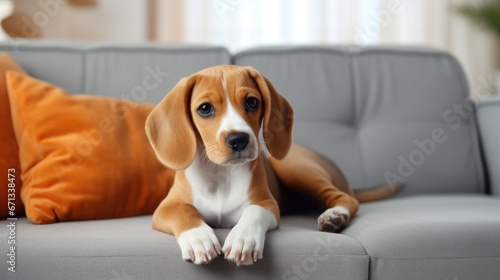 Modern living room interior. Cute beagle on couch. Generative AI.