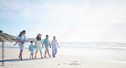 Beach, walking and grandparents, parents and kids by sea for bonding, quality time and relax in nature. Family, travel mockup and mom, dad and children by ocean on holiday, vacation and adventure