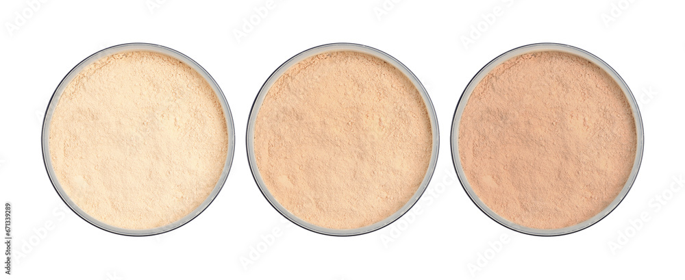Loose face powders of different shades isolated on white, collection. Top view Loose face powders of different shades isolated on white, collection. Top view