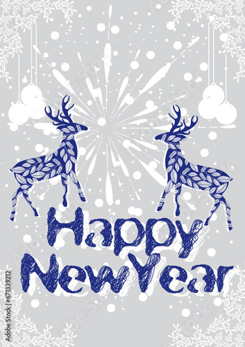 Vector illustration of Happy New year  cards with New Year tree  reindeers  snowflakes  floral frames and backgrounds design. Modern universal artistic templates. social media party hotel count down.