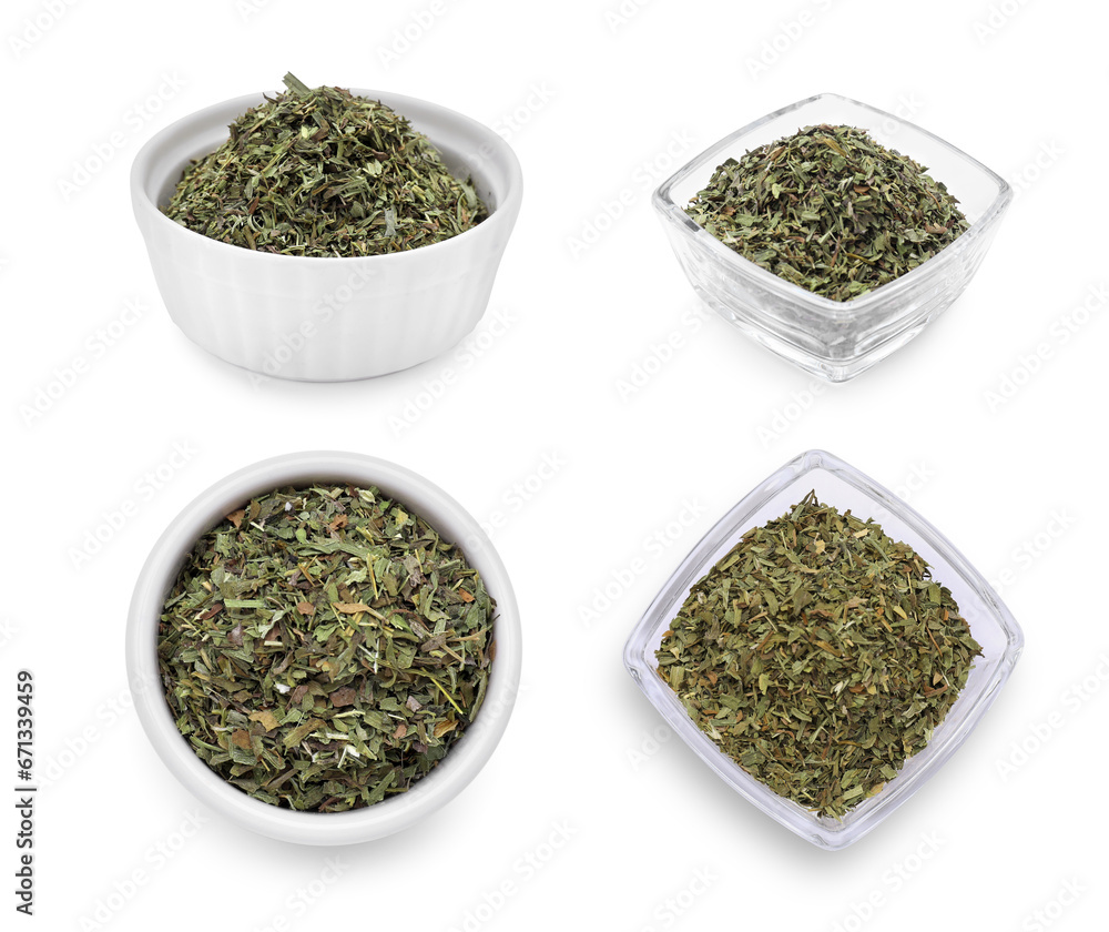 Dry tarragon in bowls isolated on white, top and side views Dry tarragon in bowls isolated on white, top and side views