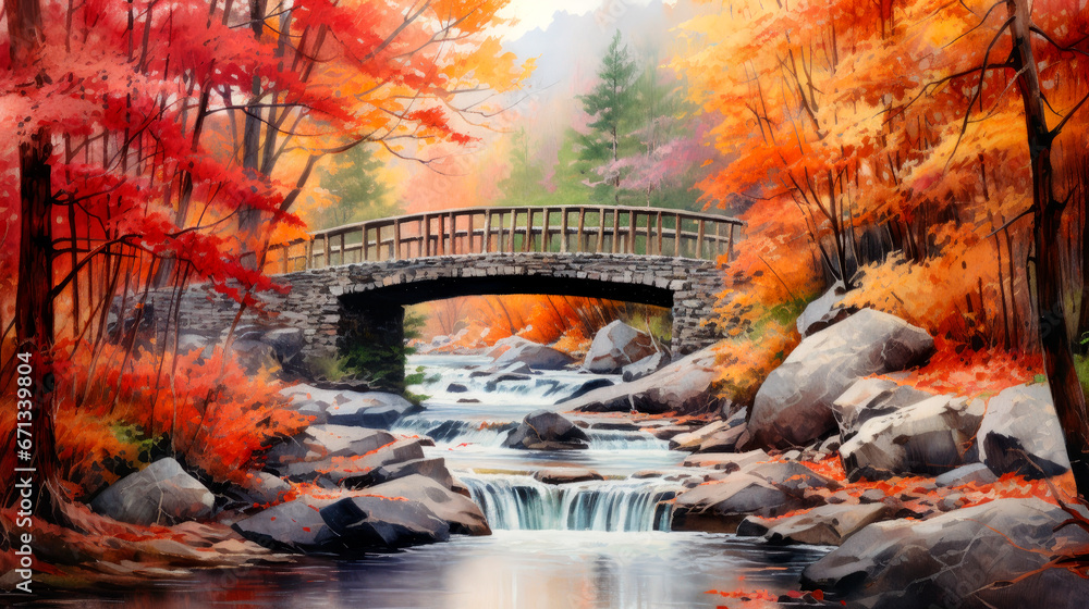 A stone bridge over a river in New England on a beautiful Autumn day - obrazy, fototapety, plakaty 